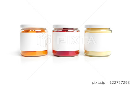 Blank glass jar with honey, jam and peanut butter mockup. 122757298