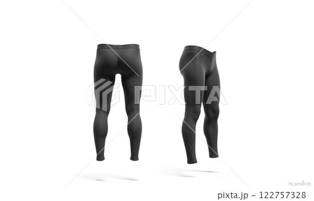 Blank black leggings mockup, front and side view, isolated. Women grey leggins template. Cloth pants design presentation. Sport pantaloons stretch tights model wearing. 122757328
