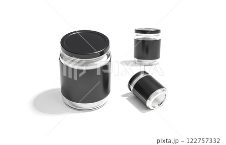 Blank glass jar black label and cap mockup, different views. 122757332