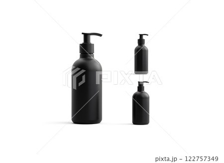 Blank black pump bottle with dispenser mockup, different sides. Blank black pump bottle with dispenser mockup, different sides. 122757349