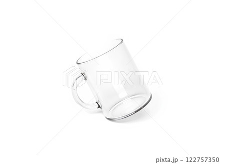 Blank transparent glass 11oz mug with handle mockup tilt view. Blank transparent glass 11oz mug with handle mockup tilt view. 122757350