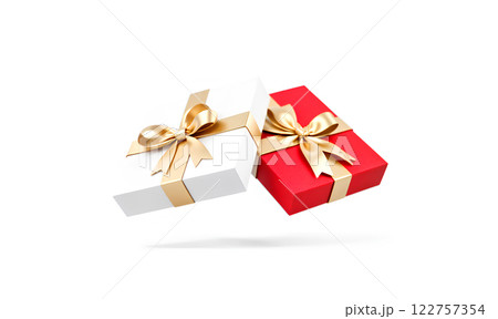 Blank red and white gift box with ribbon bow mockup. 122757354