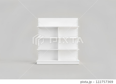 Blank white supermarket showcase shelves mock up, front view. 122757369