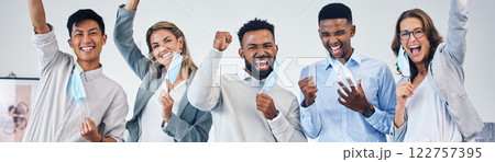 Banner of business people happy about end of covid pandemic, removing face mask in celebration and excited for office work. Portrait of team of workers winning with success and celebrate achievement 122757395