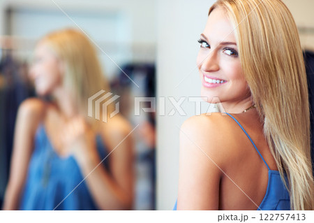 Mirror, smile or happy shopping woman or customer in luxury retail store portrait. Social media influencer or girl at fashion boutique shop or mall for discount sale product or designer brand clothes 122757413