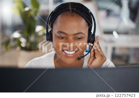 Call center, contact us support and customer service woman on computer working on crm customer consulting., Motivation and happy black receptionist, telemarketing and office communication consultant Call center, contact us support and customer service woman on computer working on crm customer consulting., Motivation and happy black receptionist, telemarketing and office communication consultant 122757423