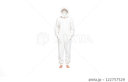 Blank white plush jumpsuit with hood mockup, side view. Blank white plush jumpsuit with hood mockup, side view. 122757529