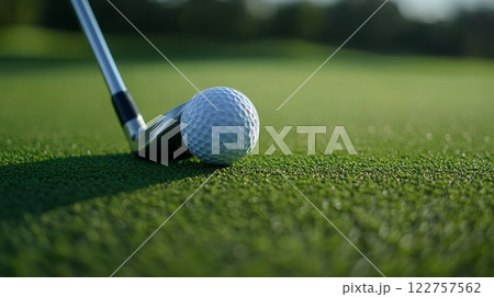 A closeup view of a golf club and ball placed neatly on a lush green golf course, surrounded by natures beauty 122757562