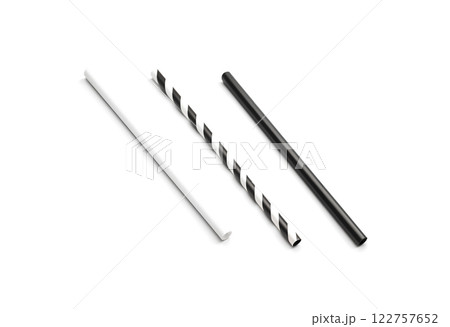 Blank black and white paper straws mock up isolated, side view, 3d rendering. Clear grey disposable pipe mockup. Empty cardboard tubule for juice and fizzy water. 122757652
