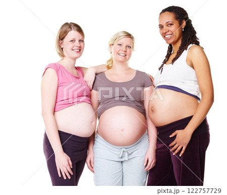 Pregnant girl friends, pregnancy and future mother friend support group with a happy smile. Portrait of mothers showing diversity and their stomach with woman empowerment, happiness and trust Pregnant girl friends, pregnancy and future mother friend support group with a happy smile. Portrait of mothers showing diversity and their stomach with woman empowerment, happiness and trust 122757729
