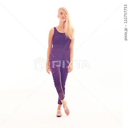 Fashion, model and woman in portrait with white background with mockup space in hot purple clothes. Beauty, cool and beautiful female with blonde hair standing with confidence in photography studio 122757753