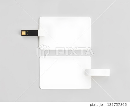 Blank white plastic wafer USB card design mockup, front, back side view, clipping path, 3d rendering. Visiting flash drive name card mock up. Call-card disk souvenir presentation. Blank white plastic wafer USB card design mockup, front, back side view, clipping path, 3d rendering. Visiting flash drive name card mock up. Call-card disk souvenir presentation. 122757866