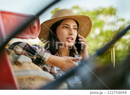Sustainability farmer, worker and woman on a phone talking and planning a plant growth strategy. Sustainable, eco friendly farm hand on a work call about farming, agriculture and countryside project 122758048