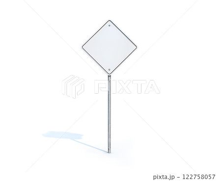 Blank white rhombus shape street sign mockup, 3d rendering. Clear rhomb signage design mock up, isolated. Empty outdoor board on metal pole stand. 122758057