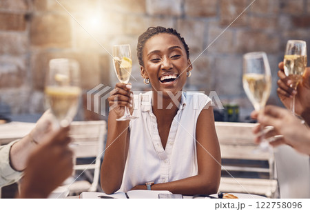 Woman talking for toast with celebration champagne at party with friends, wine for success at restaurant and drinks at social event. Happy black woman with smile and glass at birthday dinner at pub Woman talking for toast with celebration champagne at party with friends, wine for success at restaurant and drinks at social event. Happy black woman with smile and glass at birthday dinner at pub 122758096