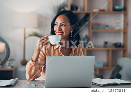 Woman working from home, freelancer and thinking entrepreneur drinking coffee, taking break and doing remote work with motivation for mindset ideas. Happy person planning vision and strategy solution 122758114