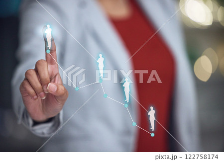 Networking, investigation and touchscreen technology with the hand of a business woman pointing to you or demographics. A female user touching a screen with digital overlay and connecting the world 122758174