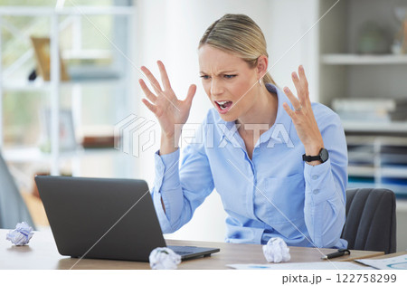 Burnout, fail and angry corporate employee with laptop stress, review and frustrated in marketing or advertising office. Accounting, compliance and doubt with worker in finance business office 122758299