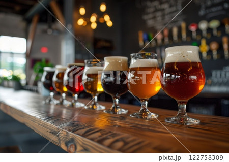 Glasses with different sorts of craft beer on a wooden bar. 122758309