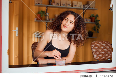 Startup, boss or small business ceo of a cafe, coffee shop or pop up restaurant and fast food waiting for customers. Happy woman manager with mindset for vision, success and growth for profit goals 122758378