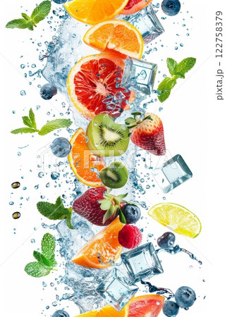 A Vibrant and Colorful Splash of Fresh Fruits and Ice Cubes Perfectly Crafted for a Refreshing Beverage 122758379