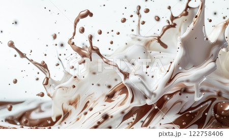 A dynamic splash of rich chocolate and fresh milk is creating a beautiful and artistic texture effect 122758406