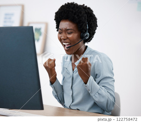 Happy business woman meeting target, excited black girl in corporate and virtual assistant hired. Dark skin African at work, home office desk, computer headphones and remote work team online call Happy business woman meeting target, excited black girl in corporate and virtual assistant hired. Dark skin African at work, home office desk, computer headphones and remote work team online call 122758472