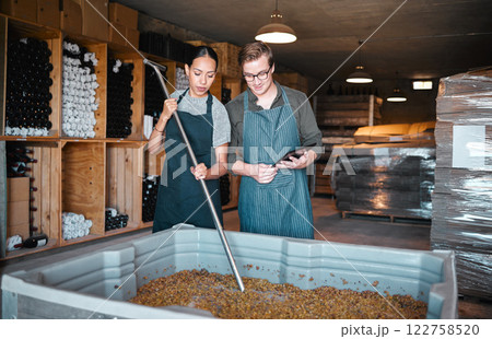 Agriculture, wine and vineyard workers in the alcohol business, press grapes in distillery plant. Sustainability, nature and growth employee with checklist on quality in drink manufacturing industry 122758520