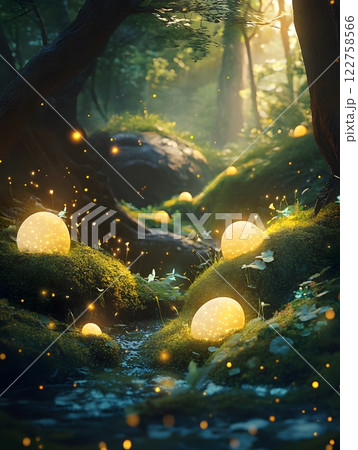 A_magical_garden_with_glowing_Easter_eggs_hidden_in_grass	 122758566