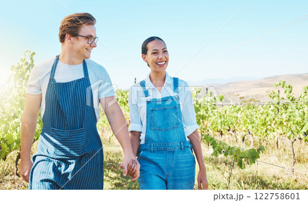 Farm, success, and love for wine, farmer couple in vineyard. Sustainability, development and distillery manufacturing wine. Happy man and woman work agriculture, alcohol and farming industry together Farm, success, and love for wine, farmer couple in vineyard. Sustainability, development and distillery manufacturing wine. Happy man and woman work agriculture, alcohol and farming industry together 122758601