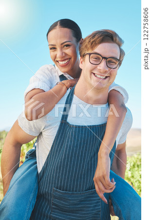 Love, smile and happy farmer couple in countryside, nature park or farm with growth in spring garden portrait. Interracial man and woman have fun on relax, sustainability and agriculture date 122758606