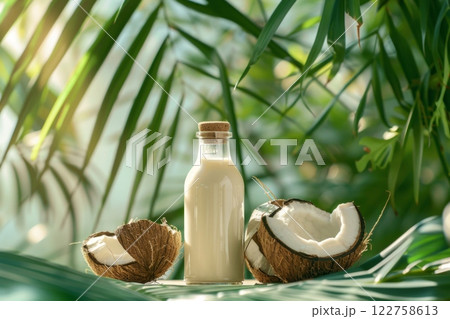 coconut milk in a glass bottle with cracked coconuts and lush greenery in the background, emphasizing natural and organic products. Great for vegan or tropical food branding. 122758613