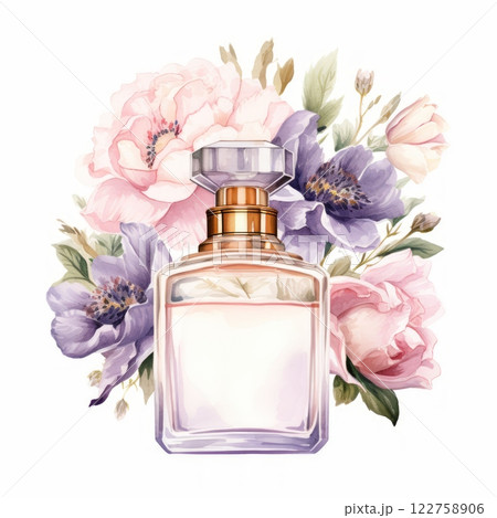 Watercolor perfume bottle with flowers 122758906