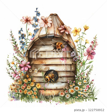 Whimsical Watercolor Illustration of a Beehive, Flowers, and Nature, Capturing Spring Essence in Delicate Artistic Style Whimsical Watercolor Illustration of a Beehive, Flowers, and Nature, Capturing Spring Essence in Delicate Artistic Style 122758912