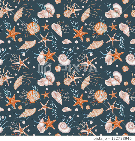 Seashell and Pearls Pattern on isolated background. Hand drawn vintage watercolor seamless ornament with Sea Shells and stars for wrapping paper or textile in nautical style. Seashell and Pearls Pattern on isolated background. Hand drawn vintage watercolor seamless ornament with Sea Shells and stars for wrapping paper or textile in nautical style. 122758946