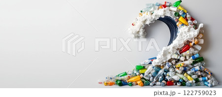 Plastic bottles forming the shape of a giant wave, 122759023