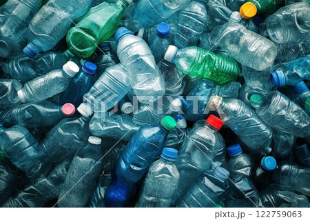 A vibrant array of colorful plastic bottles and caps piled together, showcasing their environmental impact 122759063