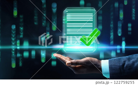 smart contract visualized as glowing document with green check marks, symbolizing approval and security in digital transactions 122759255