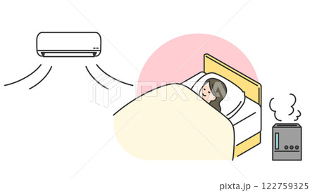 睡眠:加湿・空調付きでベッドで眠る女性 睡眠:加湿・空調付きでベッドで眠る女性 122759325