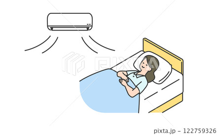睡眠：空調付きでベッドで眠る女性 122759326