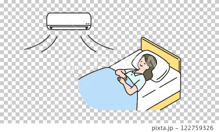 睡眠：空調付きでベッドで眠る女性 122759326