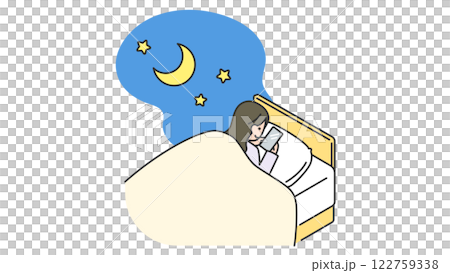 睡眠：ベッドの中でスマホをいじって夜更かしする女性 122759338
