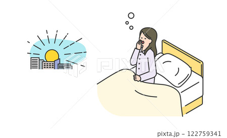 睡眠：朝、寝不足で目覚める女性 122759341