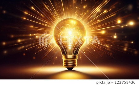 glowing light bulb icon radiating golden sparks and trails of light, symbolizing creativity and inspiration in dark background 122759430