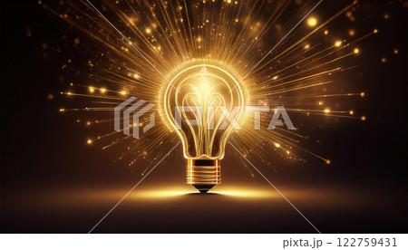 glowing light bulb icon radiating golden sparks and trails of light, symbolizing creativity and inspiration in dark background glowing light bulb icon radiating golden sparks and trails of light, symbolizing creativity and inspiration in dark background 122759431