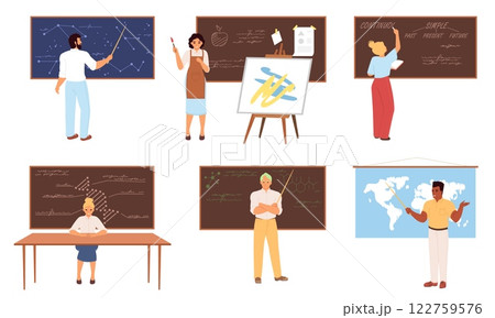 In a vibrant classroom setting, teachers demonstrate different subjects using visual aids and interactive methods, highlighting creative teaching techniques and student engagement 122759576