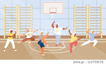 Participants engage in a tai chi session at a gym, promoting health and well-being. The class features older adults practicing fluid movements in a supportive environment 122759578