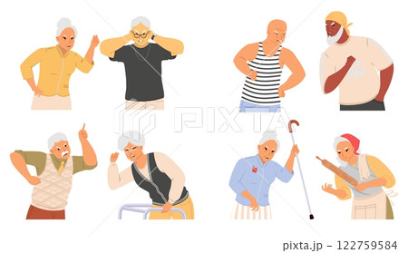 Two groups of older men display exaggerated emotions and gestures, conveying tension and disagreement in a lighthearted, cartoonish style that captures their vibrant personalities 122759584