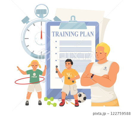 A youth sports coach organizes a training plan while kids participate in various activities such as hula hooping and practicing with a ball A youth sports coach organizes a training plan while kids participate in various activities such as hula hooping and practicing with a ball 122759588