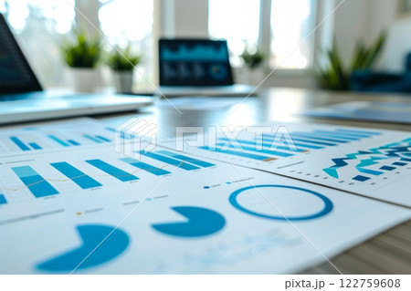 Create blue visual representations for business analysis, presentations, and reports on data and statistics 122759608